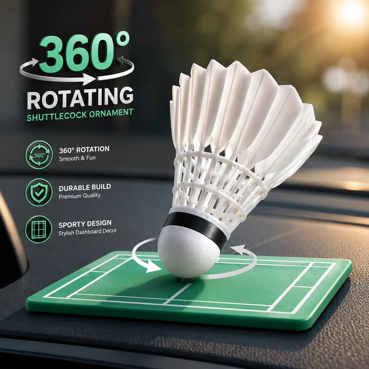 Sporty 360° Swivel Shuttlecock Dashboard Figurine
