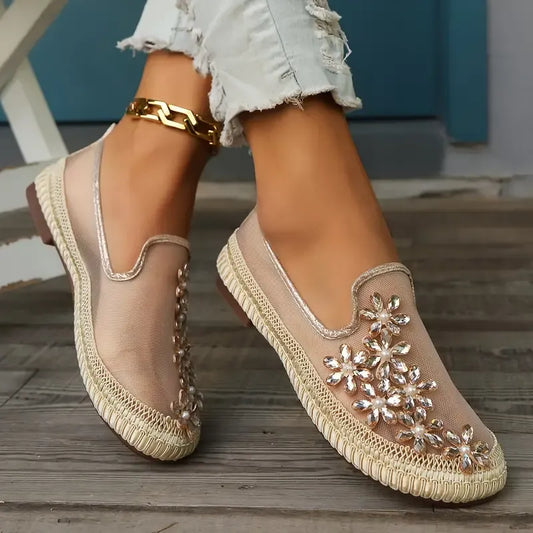 Rhinestone Floral Mesh Slip-On Flats