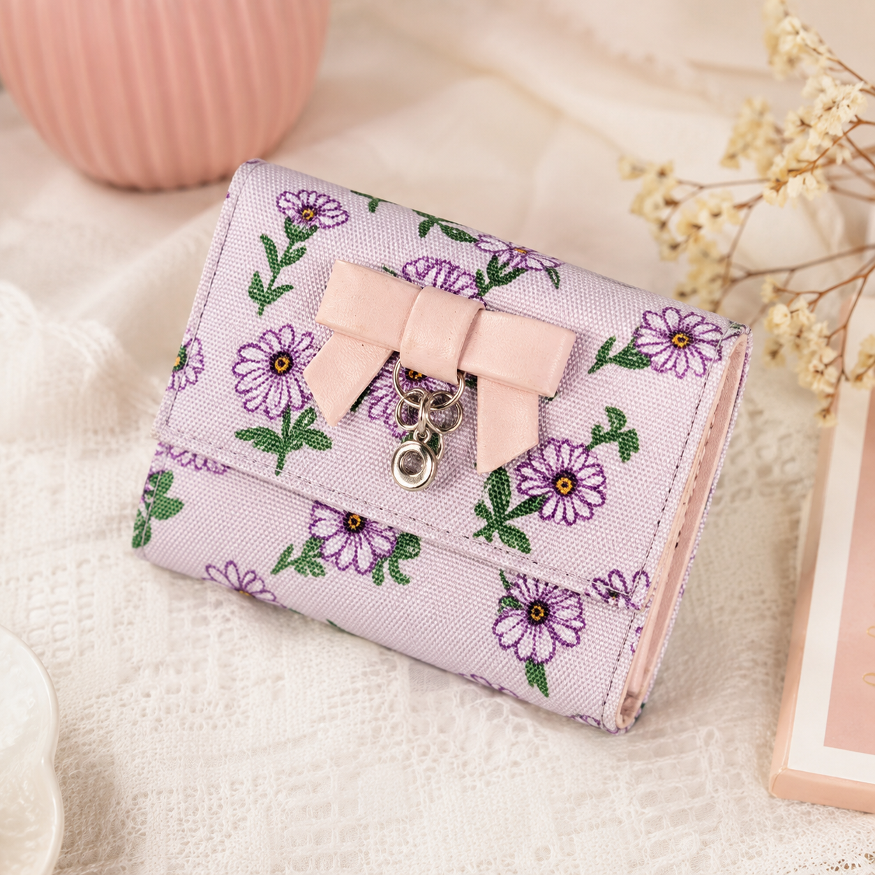 Elegant Floral Bow Charm Wallet