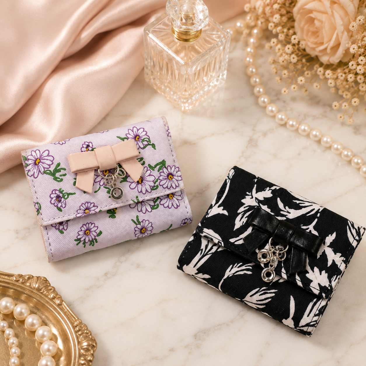 Elegant Floral Bow Charm Wallet