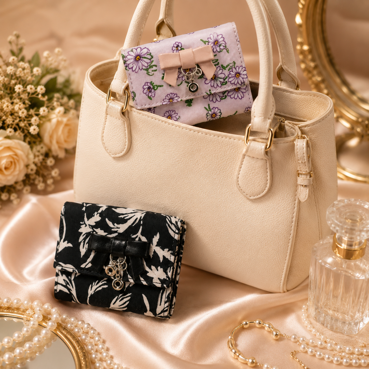 Elegant Floral Bow Charm Wallet