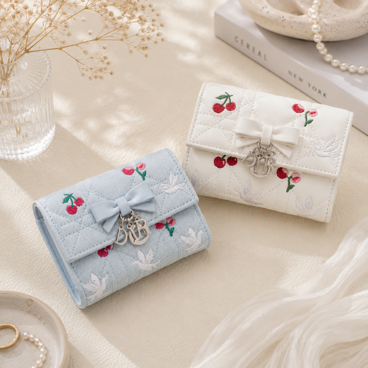 Elegant White Embroidered Lambskin Wallet